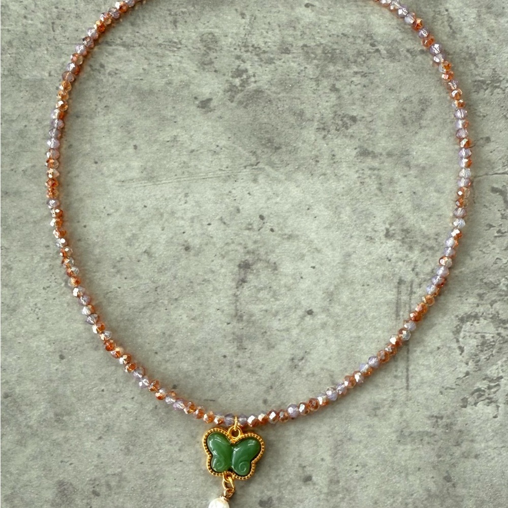 Butterfly Pendant Necklace Green and Gold